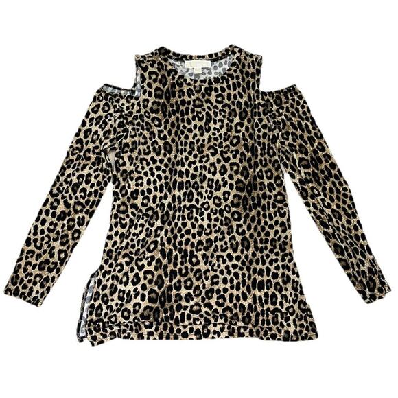 NWT‎ Michael Kors Cheetah leopard Print Cold-Shoulder Top SIZE Medium Dark Camel - Picture 2 of 6